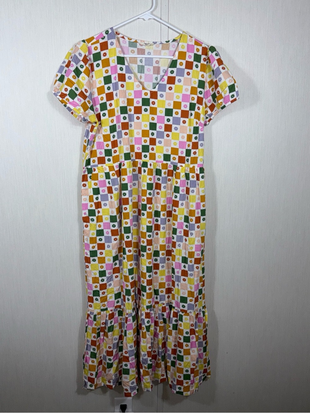 Midi Square-Print Smocked Waist Dress in Multi